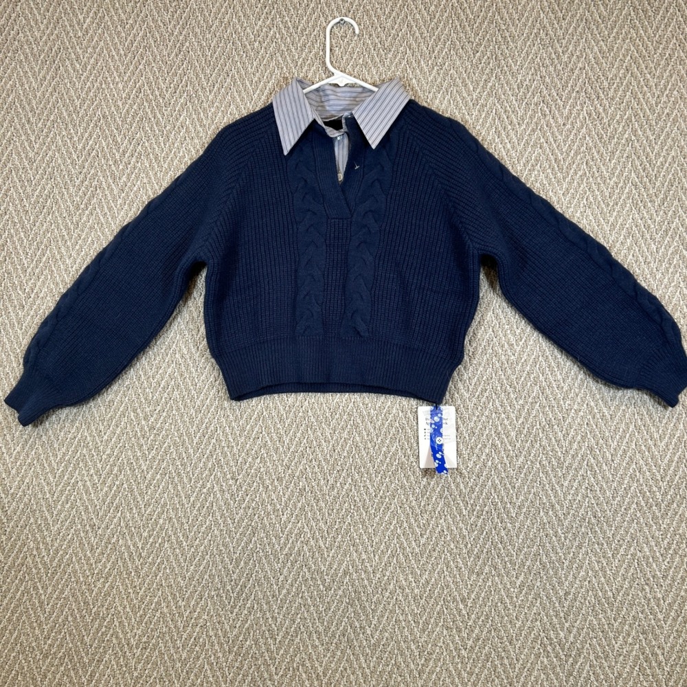Cider Sweater Small Blue Cable Knit Layered Look Cropped Striped Collar